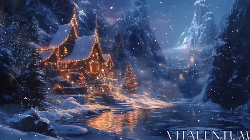 Cozy winter chalet glowing with lights in a snowy valley.