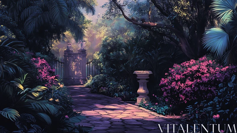 Stone path leads through dense garden to closed ornamental gate