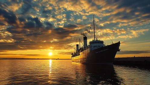 Steel passenger vessel at golden-hour maritime mooring site.