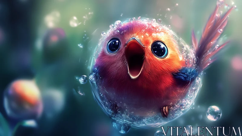 Vibrant Cartoon Bird in Bubble with Dreamy Lighting and Soft Focus.