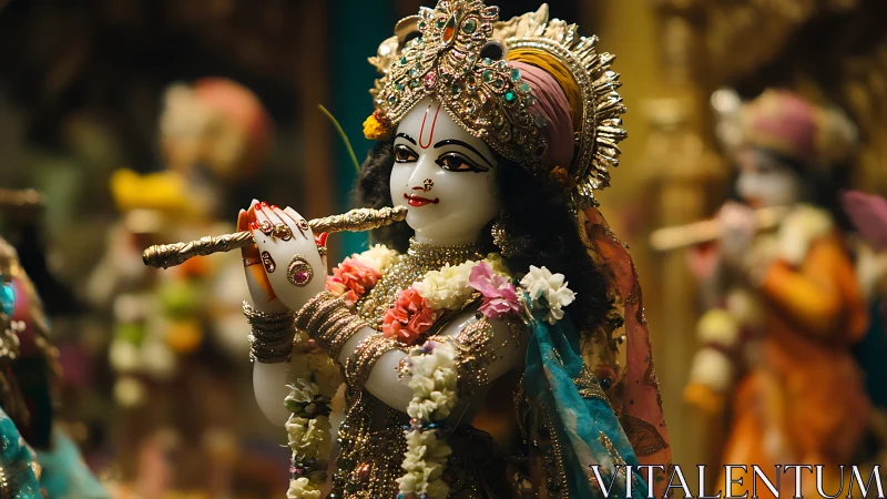 Ornate Hindu deity statue plays flute amid golden shrine