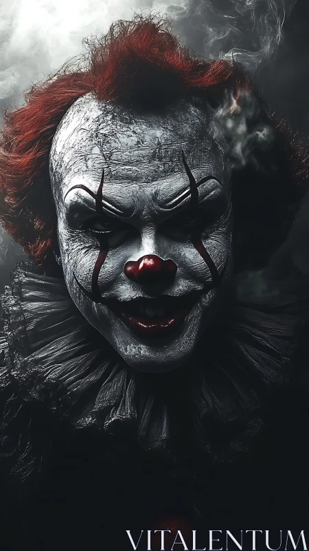 Sinister cracked clown portrait glows in smoky darkness