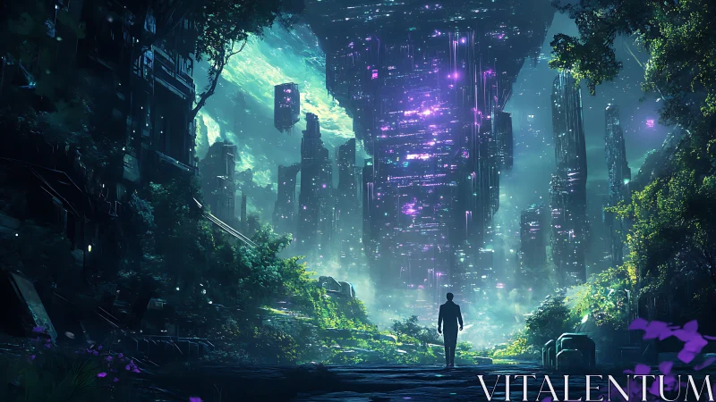 Luminescent megastructure above bioluminescent jungle path.