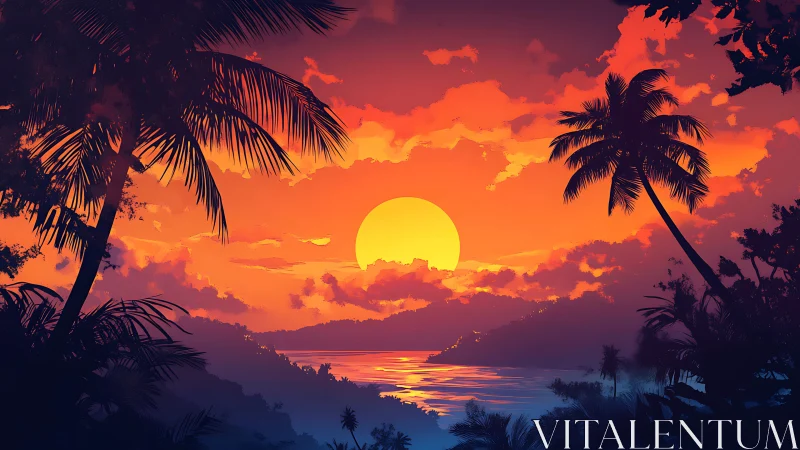 Vibrant tropical sunset over silhouetted palm coastline.