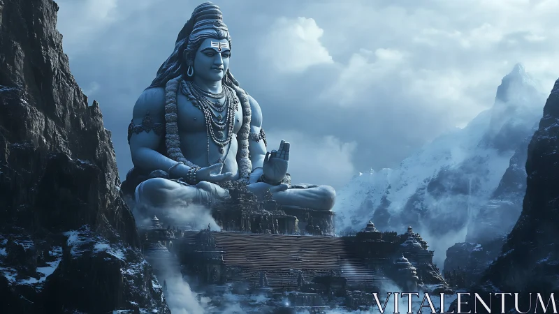 Colossal Shiva statue in icy Himalayan mountain temple complex