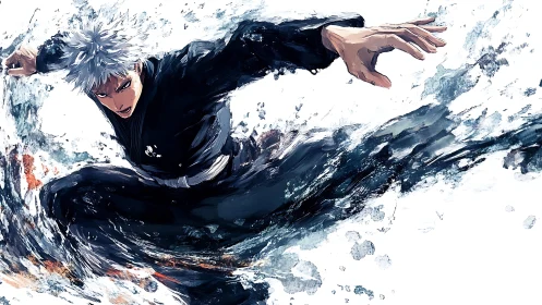 Silver-haired warrior unleashes swirling elemental strike.