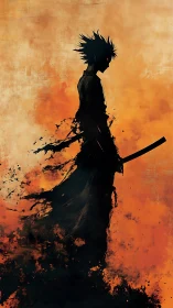 Samurai silhouette dissolving in fiery orange haze.