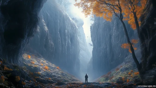 Soft misty canyon welcomes a lone traveler under autumn light