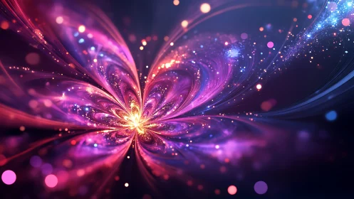 Cosmic energy bloom in radiant magenta particle swirls.