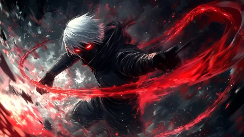 Masked combatant channels red energy arc with dynamic motion blur