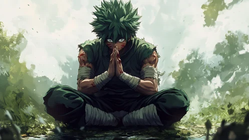 Battle-scarred forest warrior finds fierce calm in meditation.