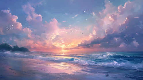 Iridescent seascape sunset with luminous clouds and surf.