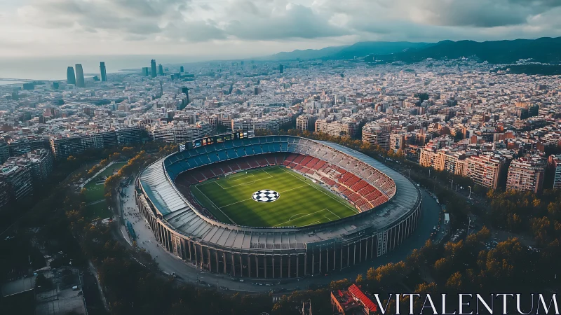 Sunset aerial view of grand urban football stadium bowl.