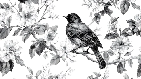 Elegant black and white songbird with floral branches illustration.