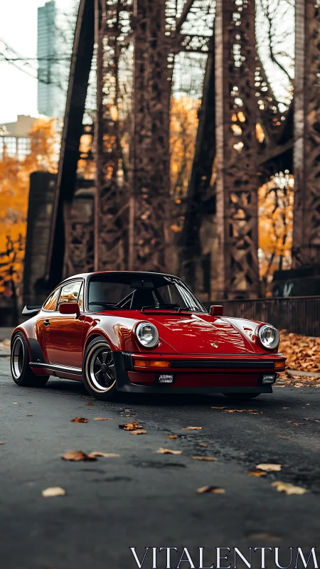Red classic sports car rests under rusted urban bridge