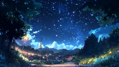 Rural valley nightscape under dense starfield and layered blue sky