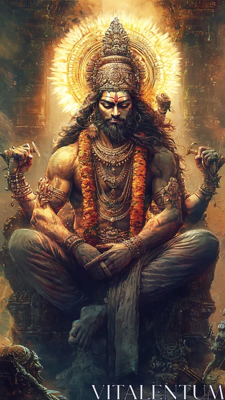 Seated multi-armed figure rendered with ornate digital detailing