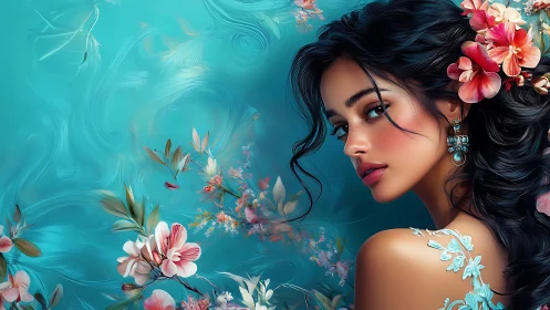Floral portrait shows turquoise backdrop framing elegant woman