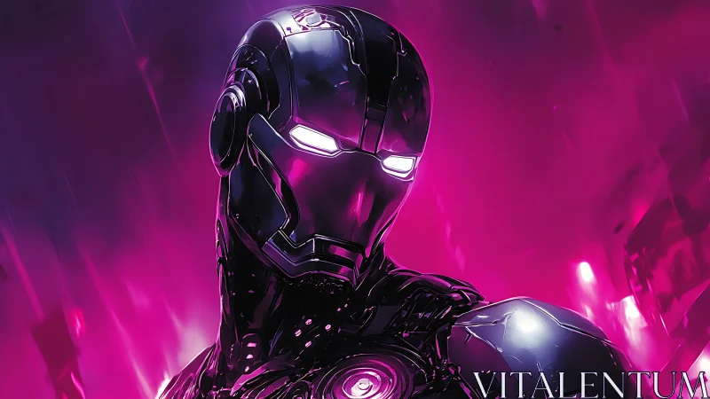 Neon armored android stands against radiant magenta energy field