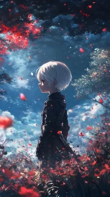 Solitary anime swordsman stands in luminous red forest clearing
