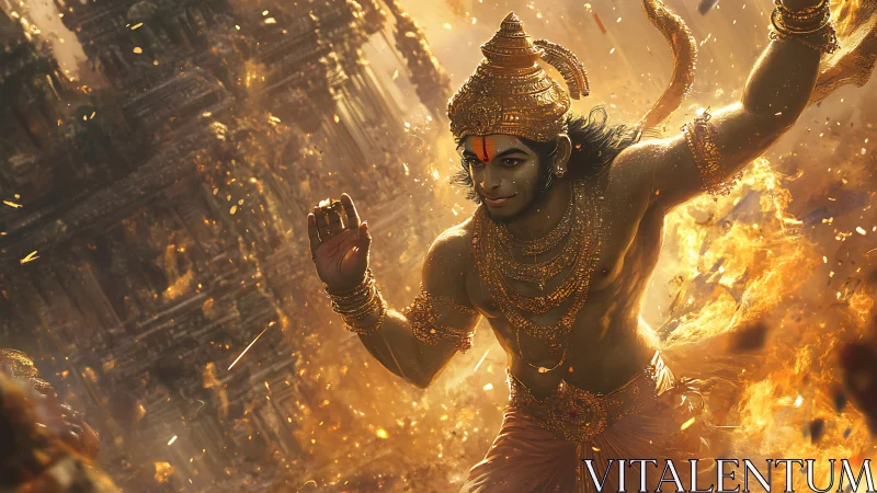 Mythic simian warrior in incandescent temple firestorm.