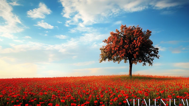 Solitary flowering tree anchors a vivid red poppy field
