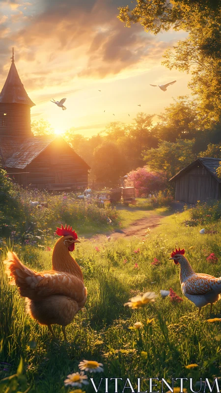 Pastoral Dawn: Rooster Pair in Luminous Meadow With Church Architecture.
