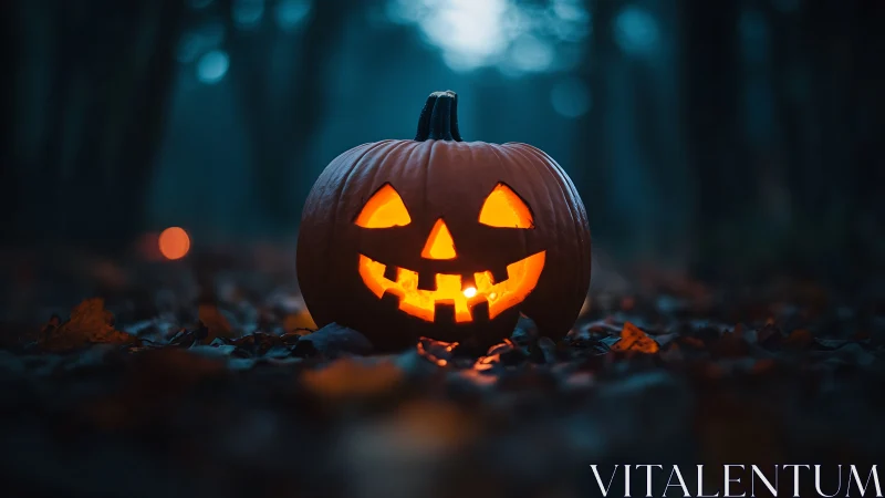 Low-angle jack-o-lantern glow contrasts sharply with defocused forest bokeh