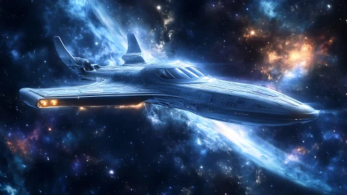 Sleek starship cruiser rendered in luminous deep-space digital art