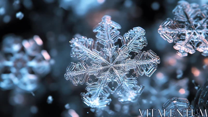 Macro view of crystalline snowflake structure in blue tones.