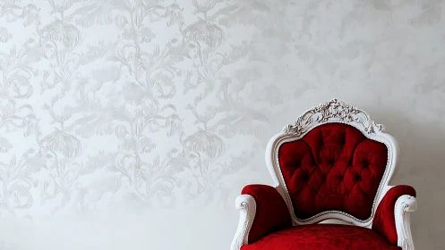 Ornate red velvet armchair rests against soft floral wall