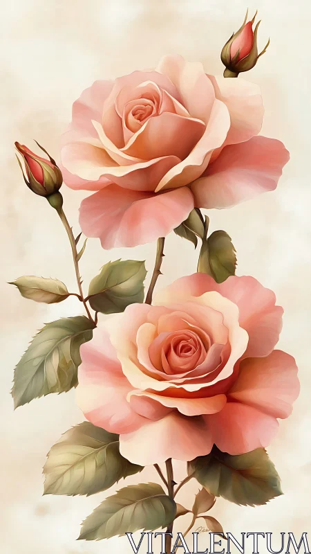 Blooming Coral Roses with Buds on Cream Background.