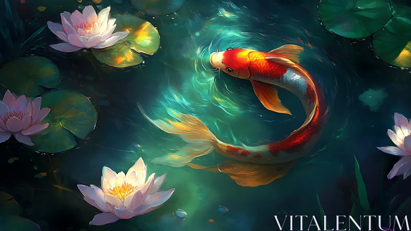 Vibrant orange koi swimming among glowing lily pads.