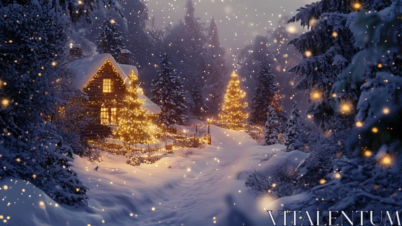 Snow-laden forest cabin with warm bokeh-lit Christmas trees at dusk