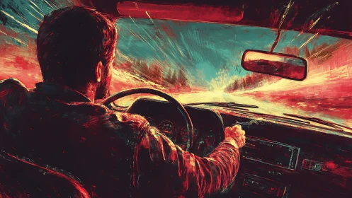 Expressionist interior drive scene with dynamic motion strokes.