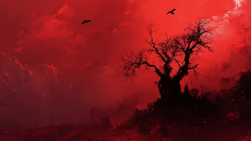 Crimson stormscape with skeletal tree and circling corvids.