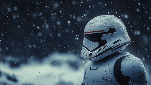 Snow‑covered futuristic armored figure in winter storm.