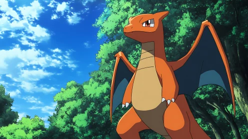 Proud orange dragon stands tall under a bright forest sky