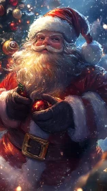 Santa in glowing winter light with ornate Christmas bauble.