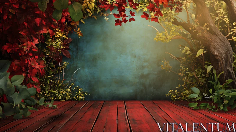 Red wooden platform with dense foliage and blue backdrop.