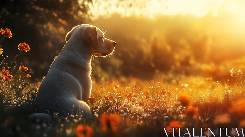 Golden retriever sitting in sunset meadow with flowers.