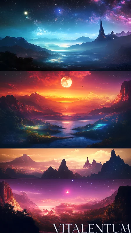 Layered alien landscapes with dramatic colored skies.