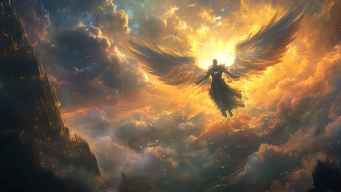 Winged humanoid silhouette ascending through luminous clouds.