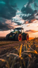 Modern tractor on rural dirt track at vivid sunset.