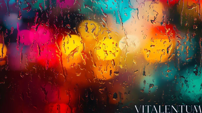 Colorful city lights blurred behind rainy window glass.