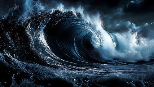 Turbulent midnight wave crest rendered in hyperreal detail