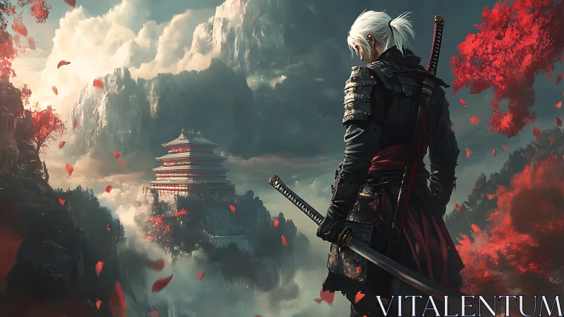 Lone samurai surveys misty mountain temple under crimson leaves