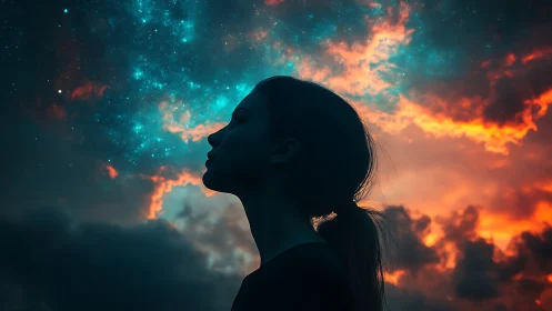 Silhouette of woman against vivid stars and sunset sky.