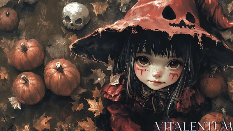 Witch girl in tattered pumpkin hood stares amid autumn decay