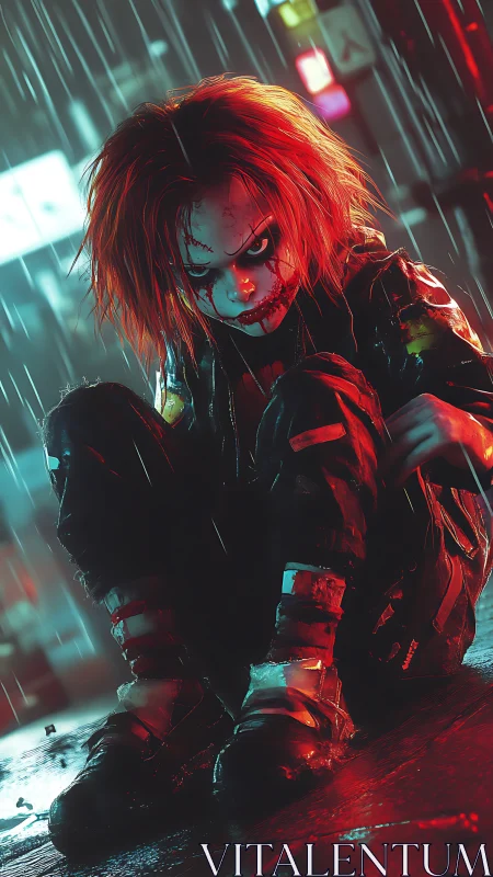 Creepy neon-soaked doll crouches in rain-drenched alleyway.